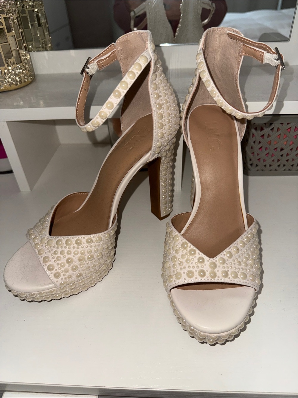 INC International Concepts Ivory Pearl-Embellished Ankle-Strap Heels